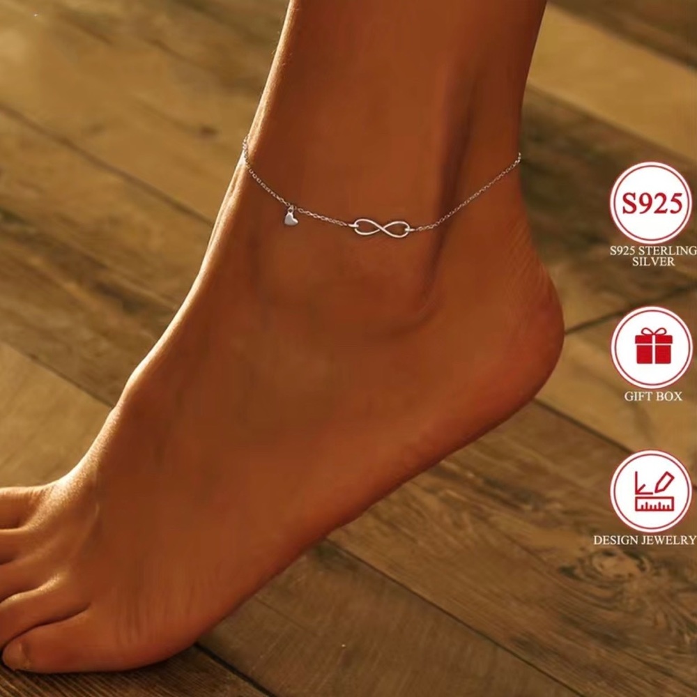 925 Sterling Silver Infinity Chain Anklet with Heart Shaped Pendant